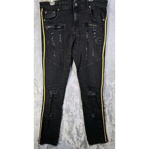 M.Society Jeans Men's 36X32 Stretch Skinny Black Yellow Stripe Distressed Sk8r
